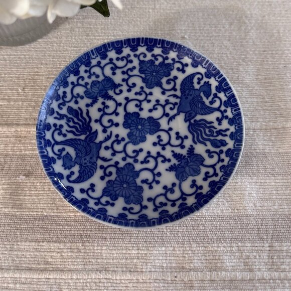 Japanese Blue & White Saucer with Phoenix and Floral Design - Used (3) - Picture 2 of 6